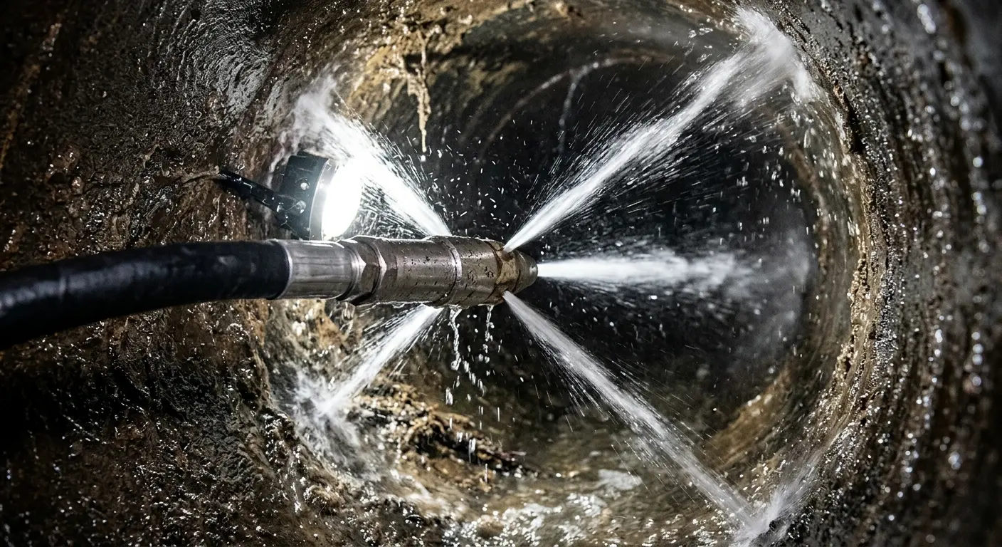 High-pressure hydro jetting nozzle cleaning sewer pipe for Sewer Cleanout in Brooklyn Park