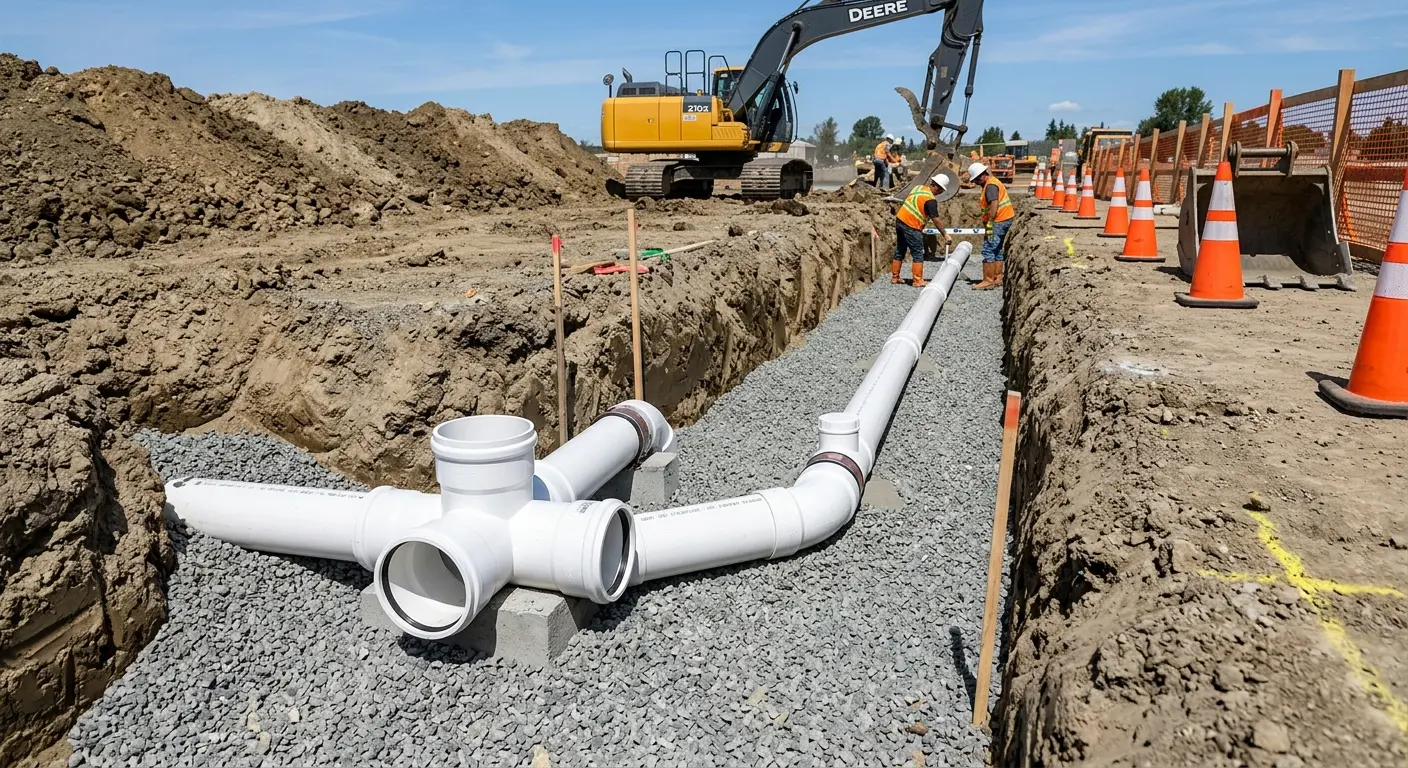 New PVC sewer pipe installation in open trench for Sewer Backup in Brooklyn Park
