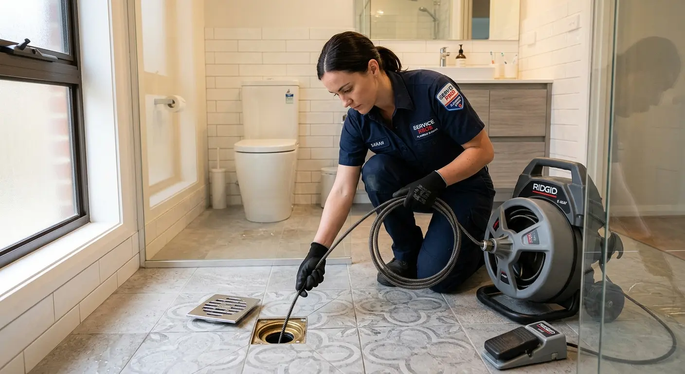 Technician clearing a bathroom floor drain for Drain Cleaning in Brooklyn Park